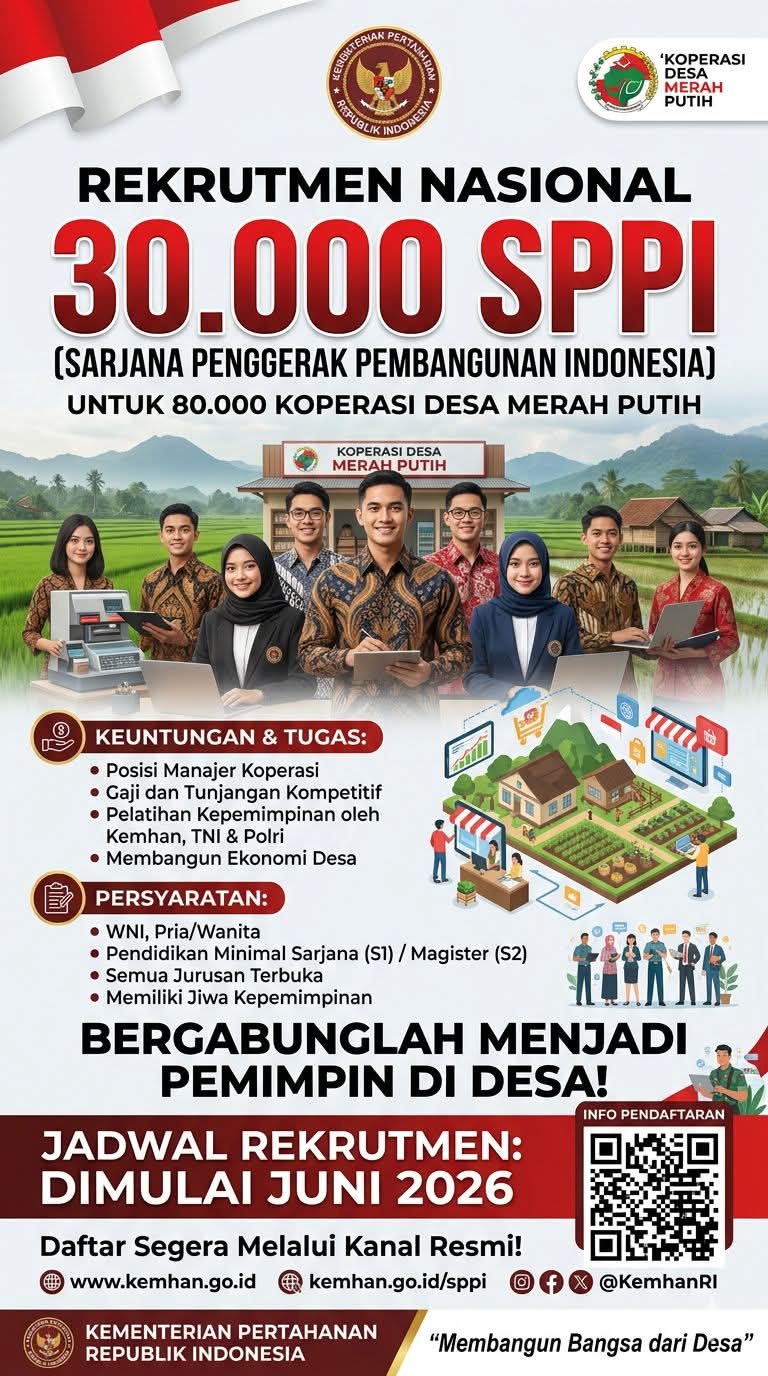 Pemerintah melalui kementerian pertahanan republik indonesia berencana merekrut sekitar 30 ribu sarjana penggerak pembangunan indonesia sppi untuk mendukung pengelolaan program koperasi desa merah putih di berbagai daerah